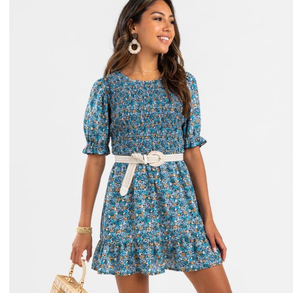 Trixxi Francesca’s Floral Smocked Puff Sleeve Mini Dress Blue Women’s Medium NWT